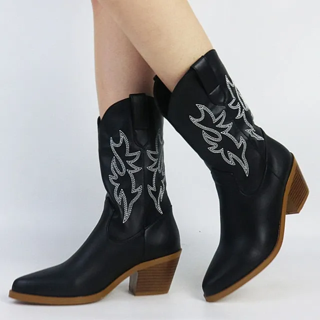 2023 Ladies Knee Boots Western Cowgirl Slip On Mid Heel Platform Boots