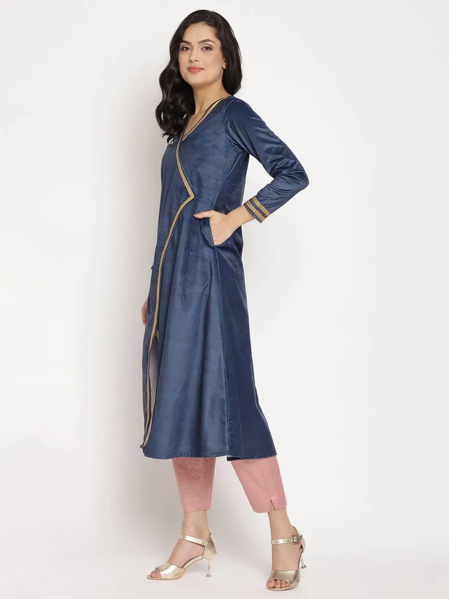 Ahalyaa Women's Navy Solid Velvet Angrakha Kurta With Gold Printed Pant