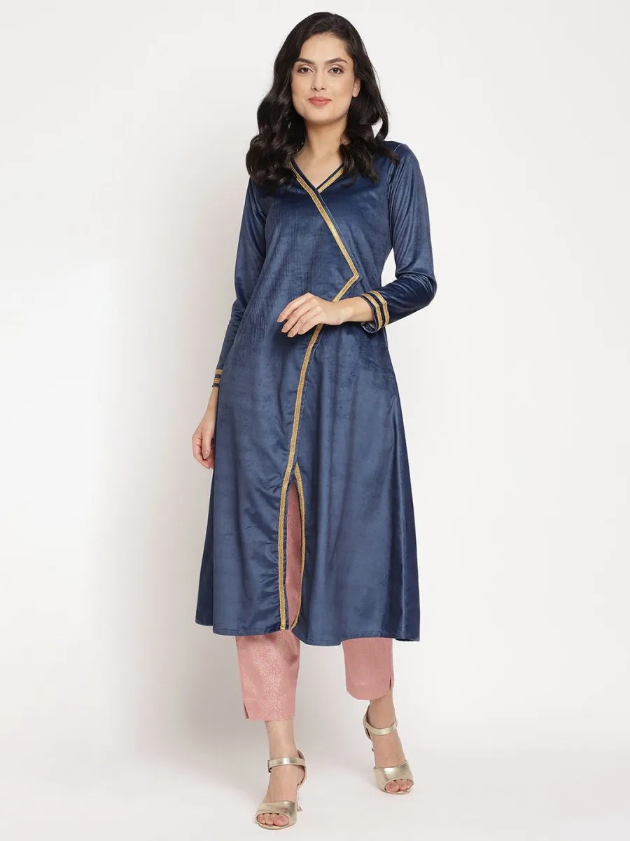 Ahalyaa Women's Navy Solid Velvet Angrakha Kurta With Gold Printed Pant