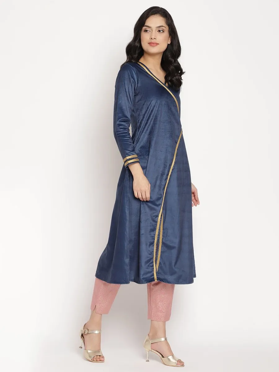 Ahalyaa Women's Navy Solid Velvet Angrakha Kurta With Gold Printed Pant