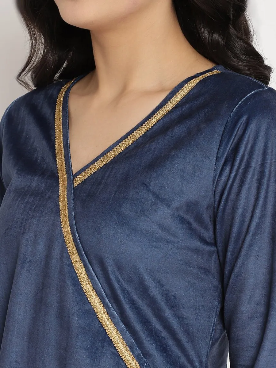 Ahalyaa Women's Navy Solid Velvet Angrakha Kurta With Gold Printed Pant