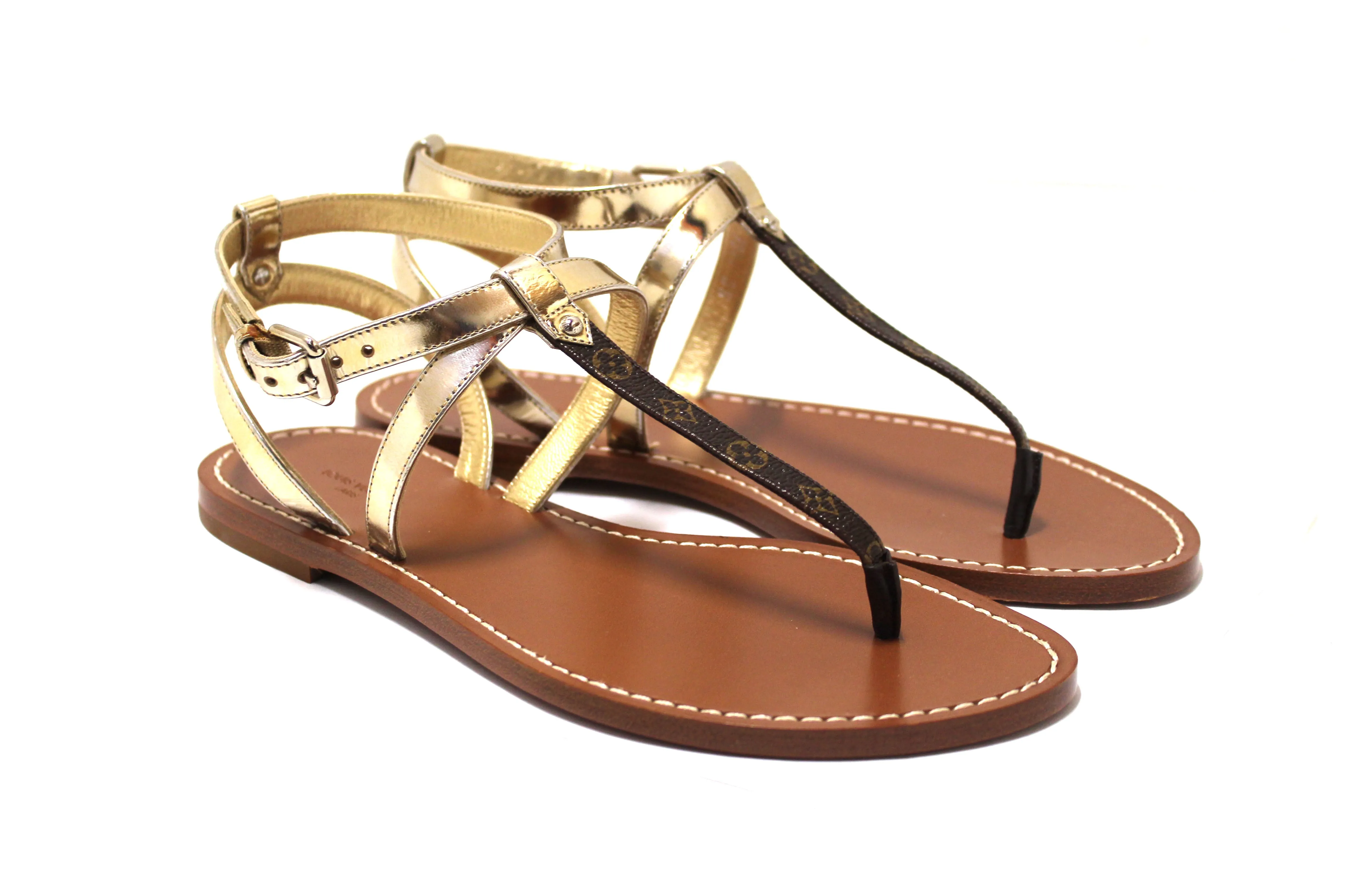 Authentic New Louis Vuitton Monogram Gold Carimbo Flat Sandals Shoes Size 37