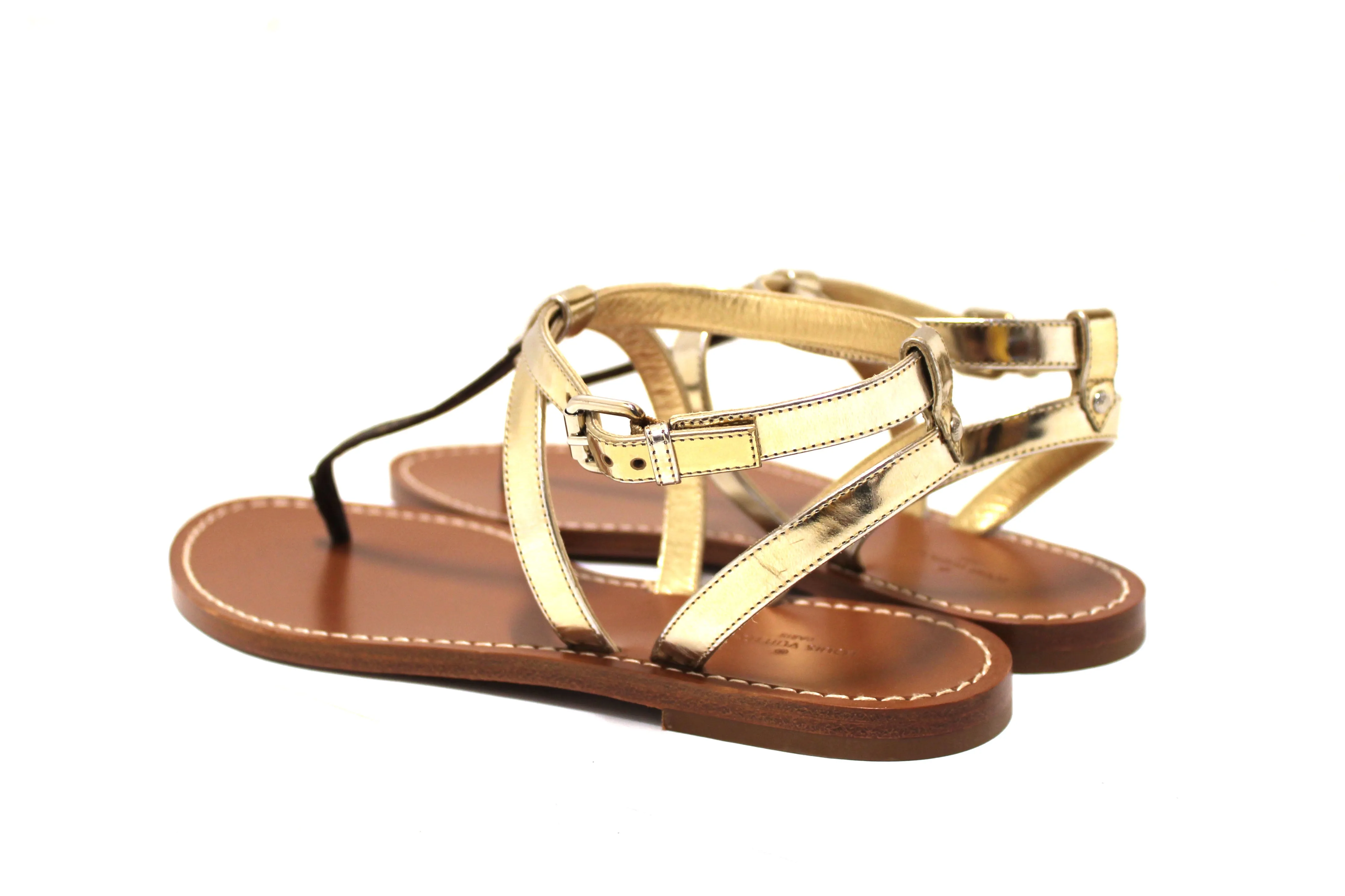 Authentic New Louis Vuitton Monogram Gold Carimbo Flat Sandals Shoes Size 37