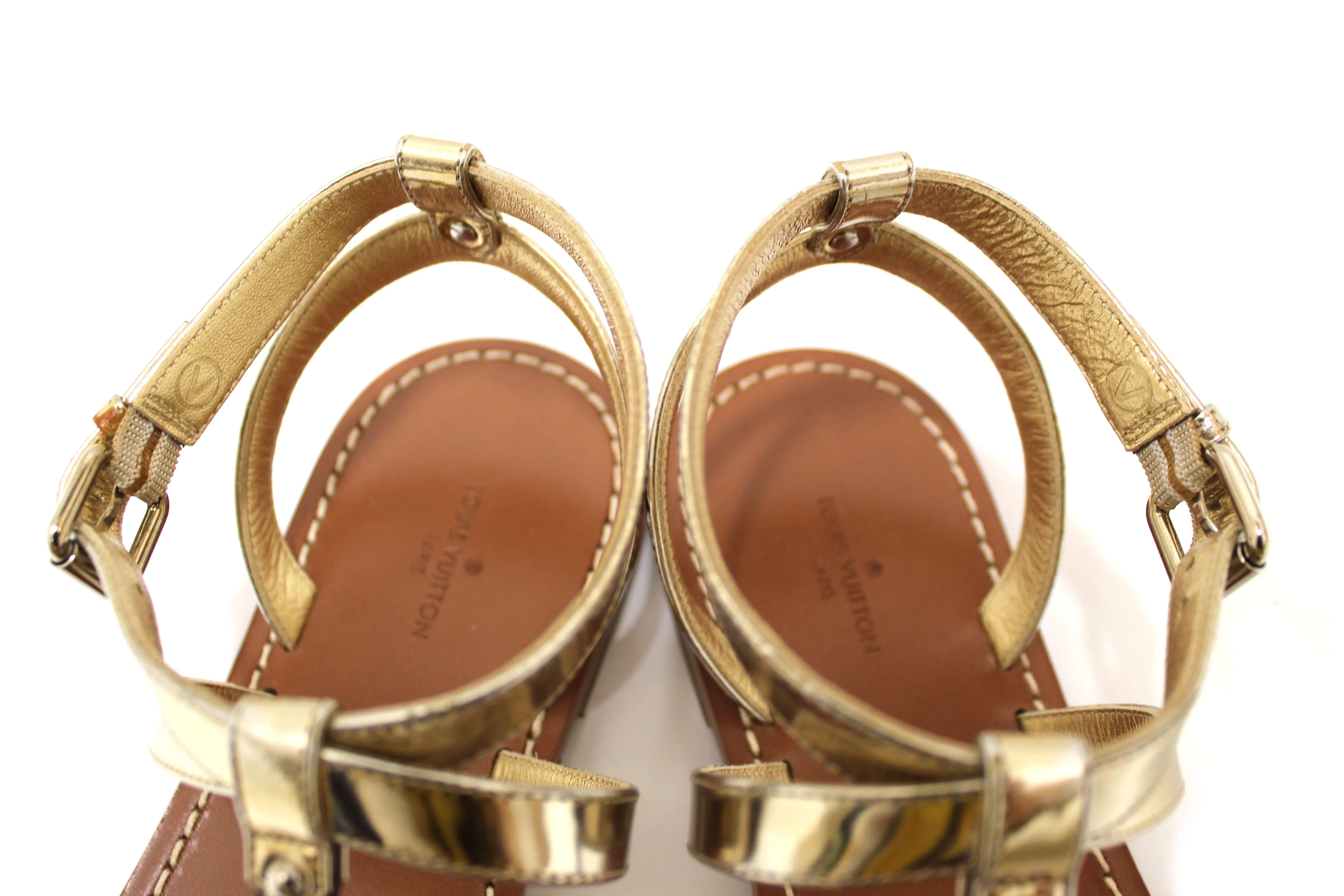 Authentic New Louis Vuitton Monogram Gold Carimbo Flat Sandals Shoes Size 37