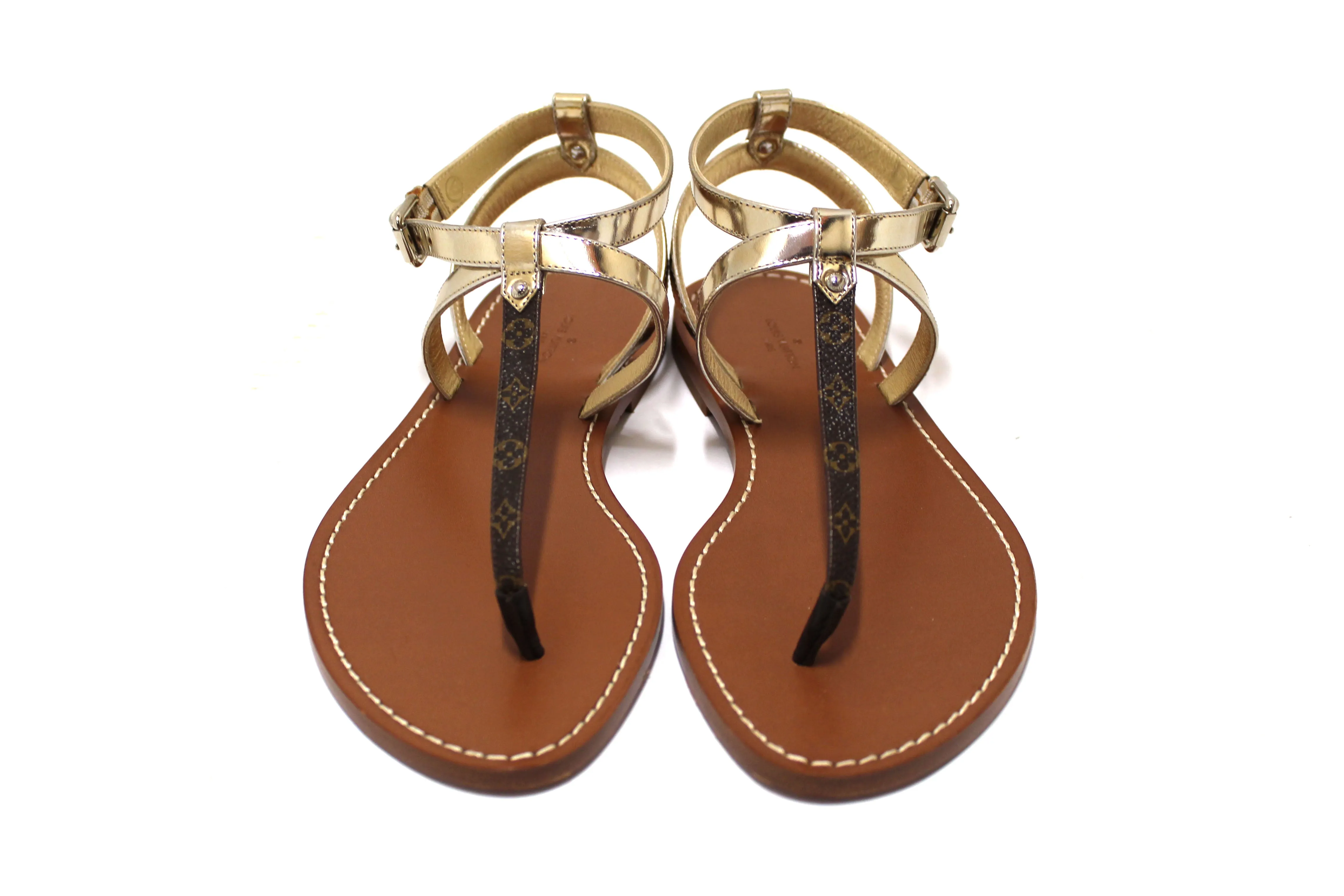 Authentic New Louis Vuitton Monogram Gold Carimbo Flat Sandals Shoes Size 37