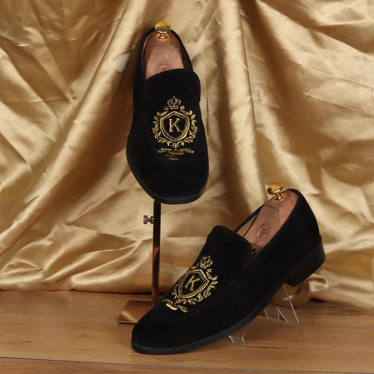 Bespoke Crown Crest Embroidered "K" Initial on Black Suede Leather Loafer By Brune & Bareskin