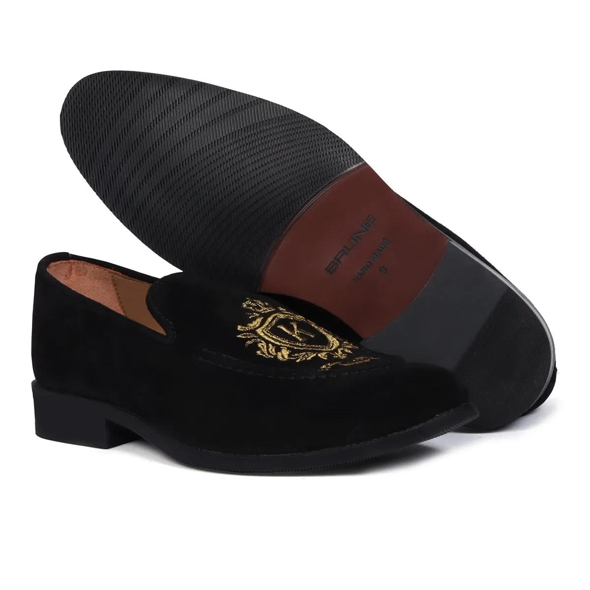 Bespoke Crown Crest Embroidered "K" Initial on Black Suede Leather Loafer By Brune & Bareskin