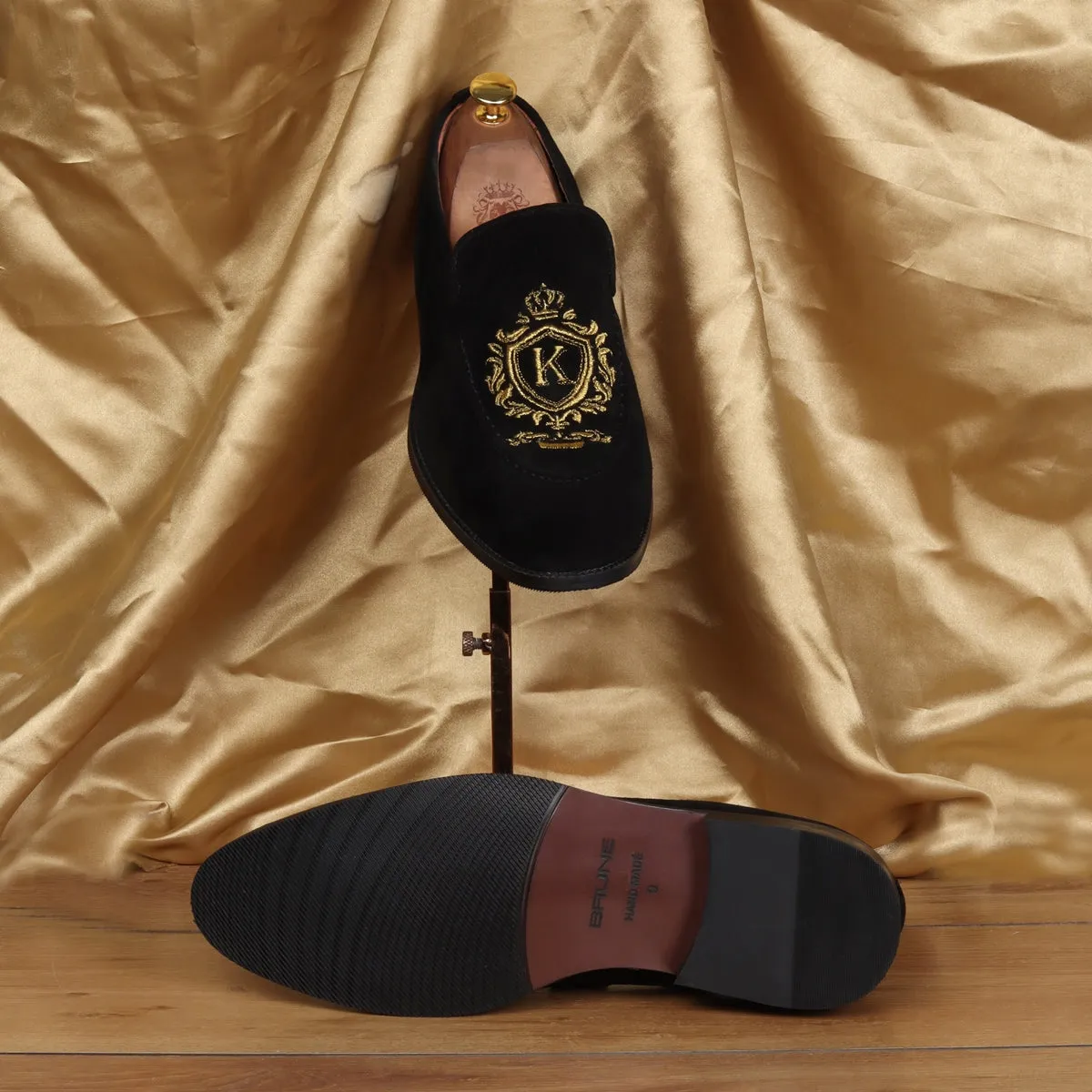 Bespoke Crown Crest Embroidered "K" Initial on Black Suede Leather Loafer By Brune & Bareskin