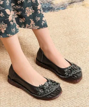 Black Floral Cowhide Leather Flats Splicing Flat Feet Shoes