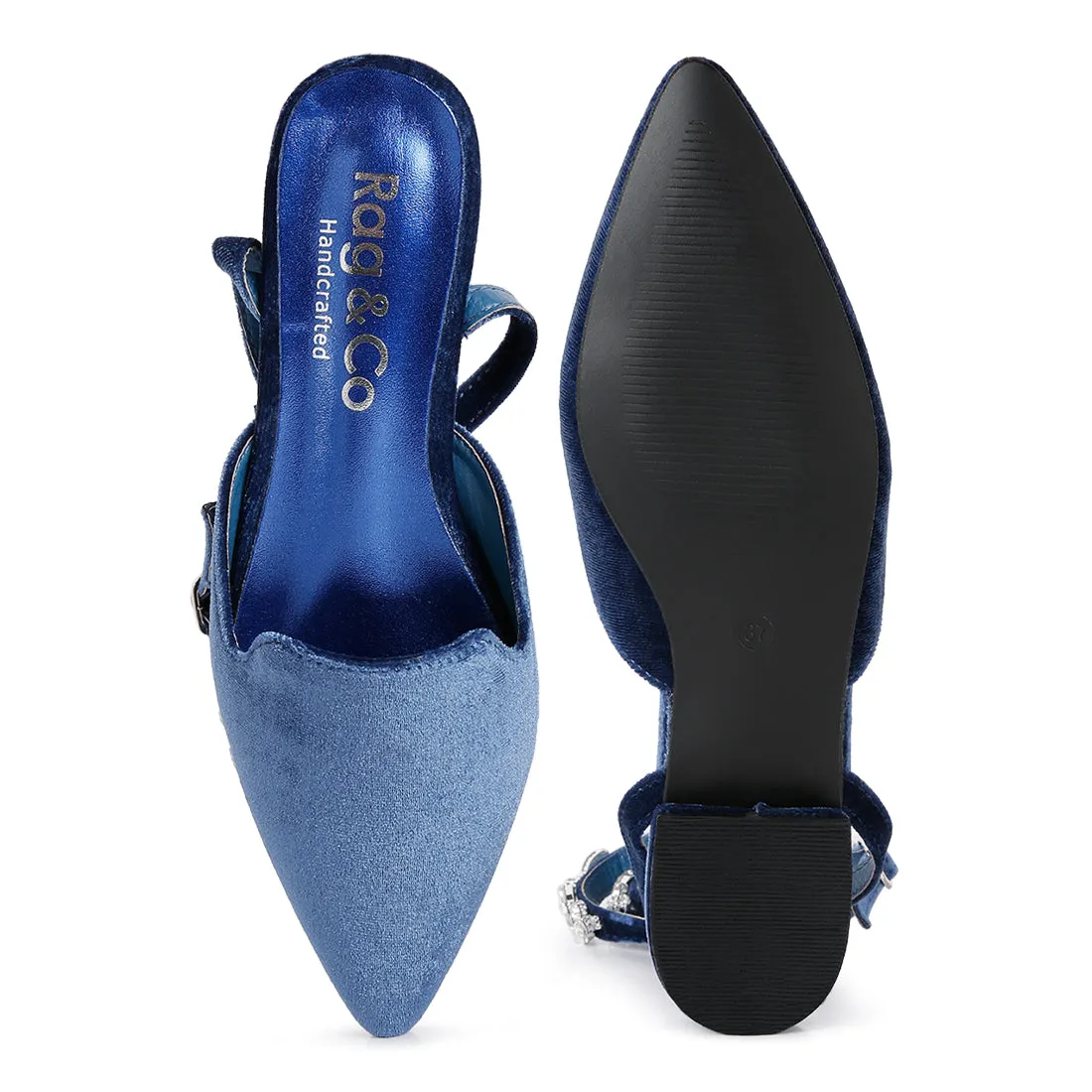 Blue Velvet Luxe Jewelled Flat Mules