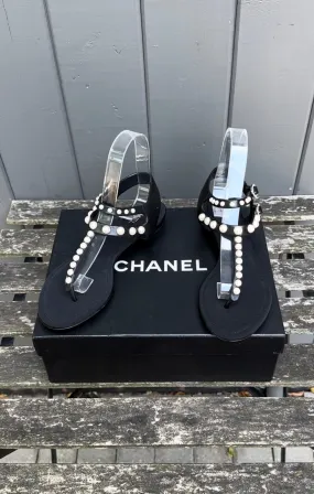 CHANEL Pearl Embellished Lambskin Thong Sandals