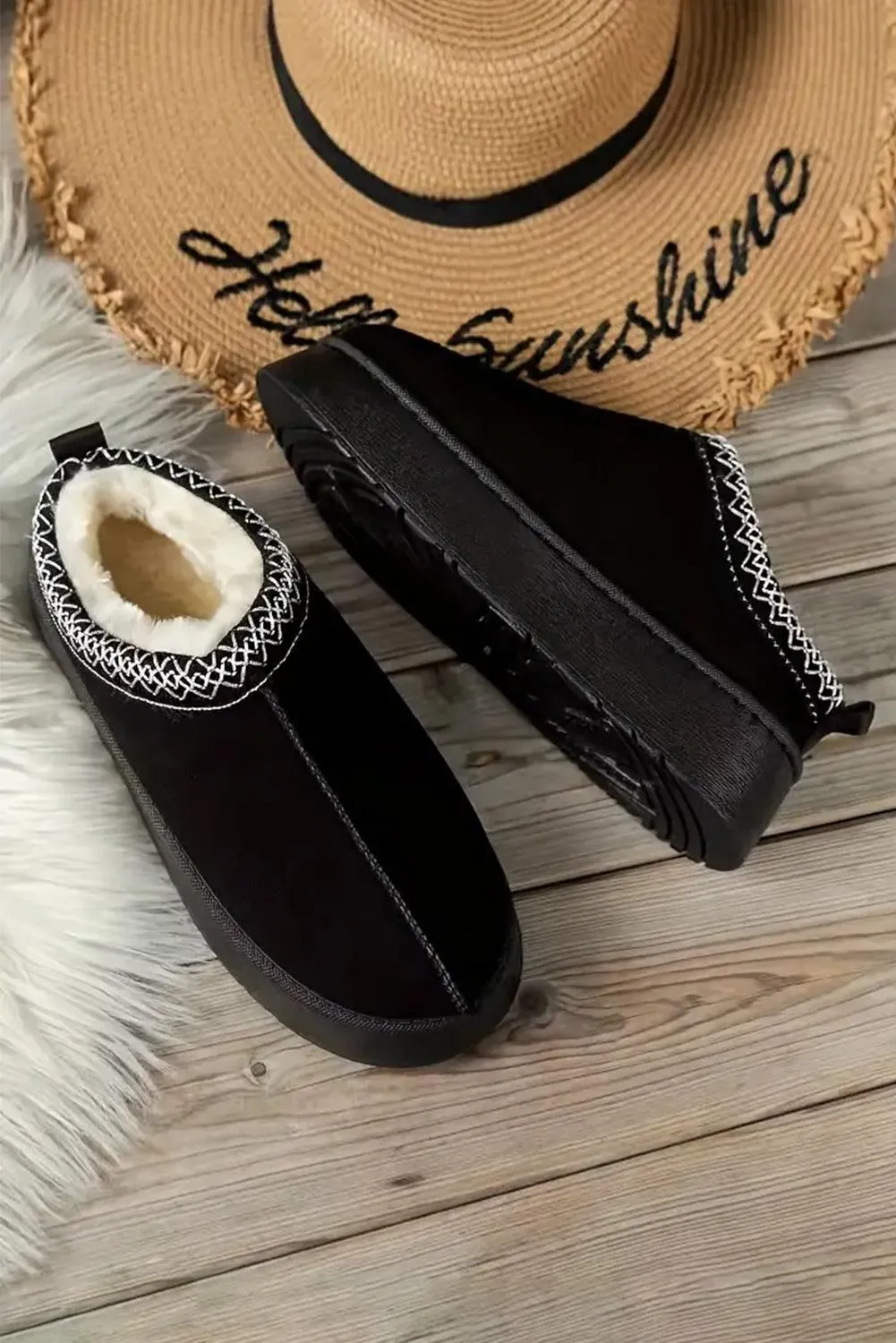 Chestnut Suede Contrast Print Round Toe Plush Lined Flats