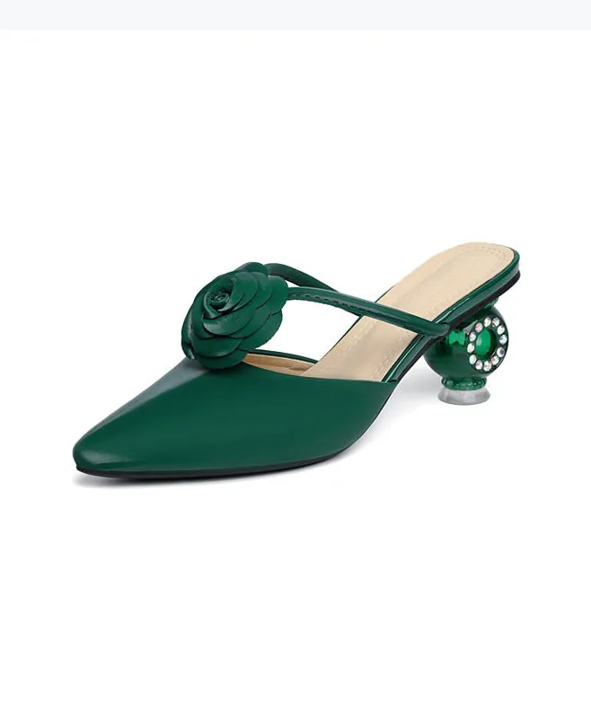 Classy Green Floral Crystal Chunky Slide Sandals Pointed Toe XC1026