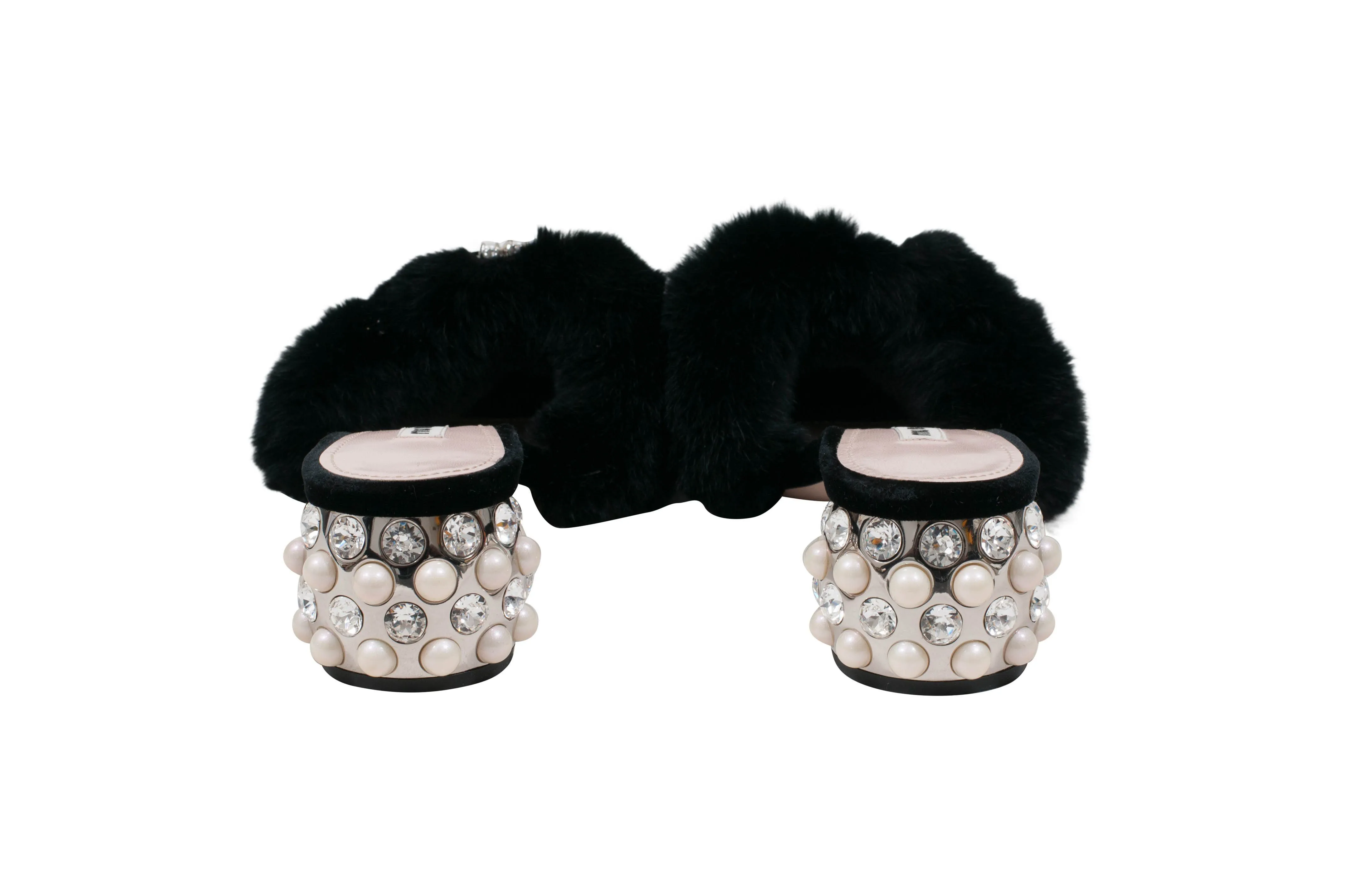 Crystal Embellished Satin And Rabbit Fur Slide Mules