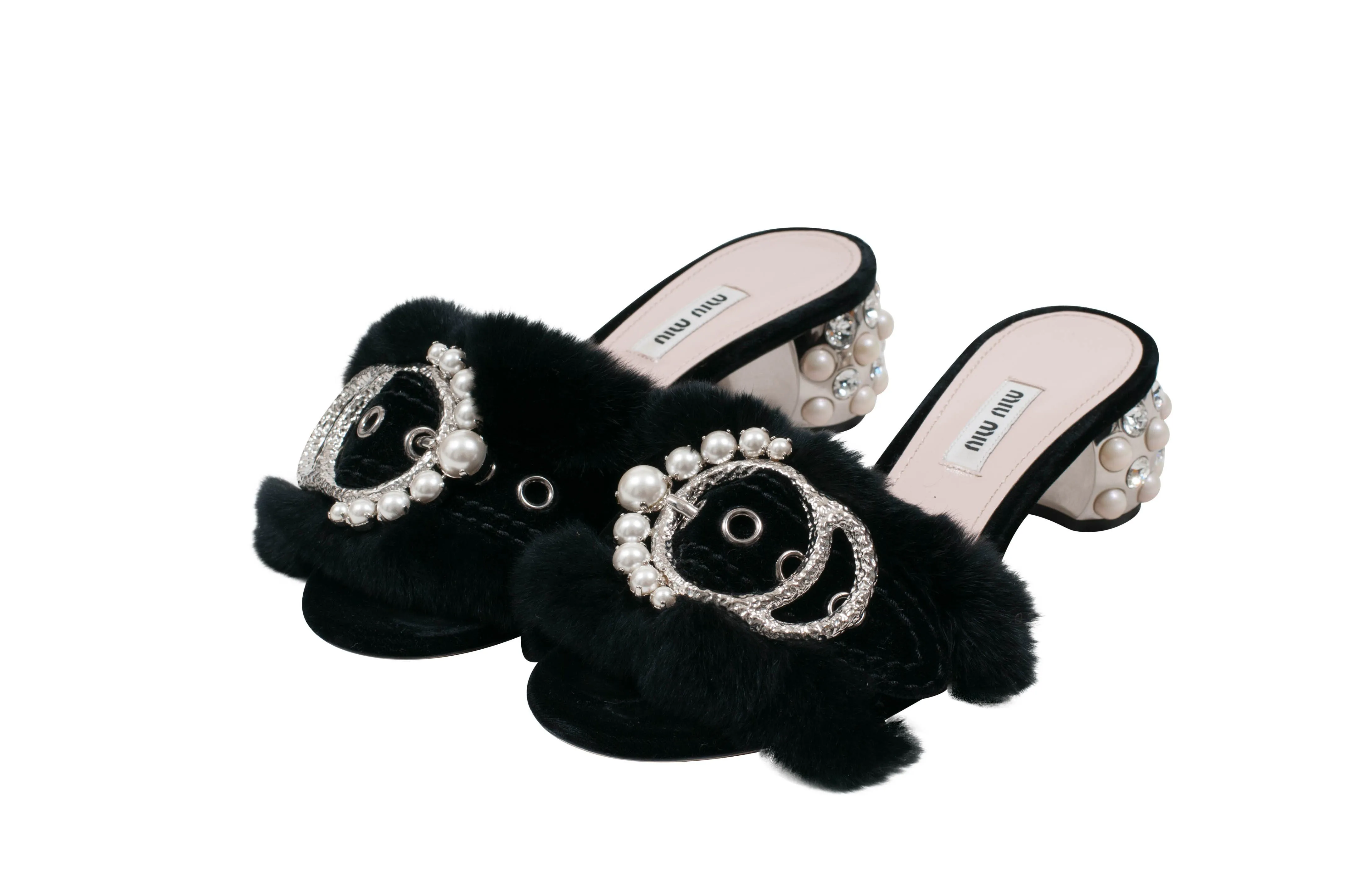 Crystal Embellished Satin And Rabbit Fur Slide Mules