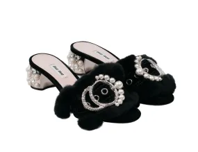 Crystal Embellished Satin And Rabbit Fur Slide Mules