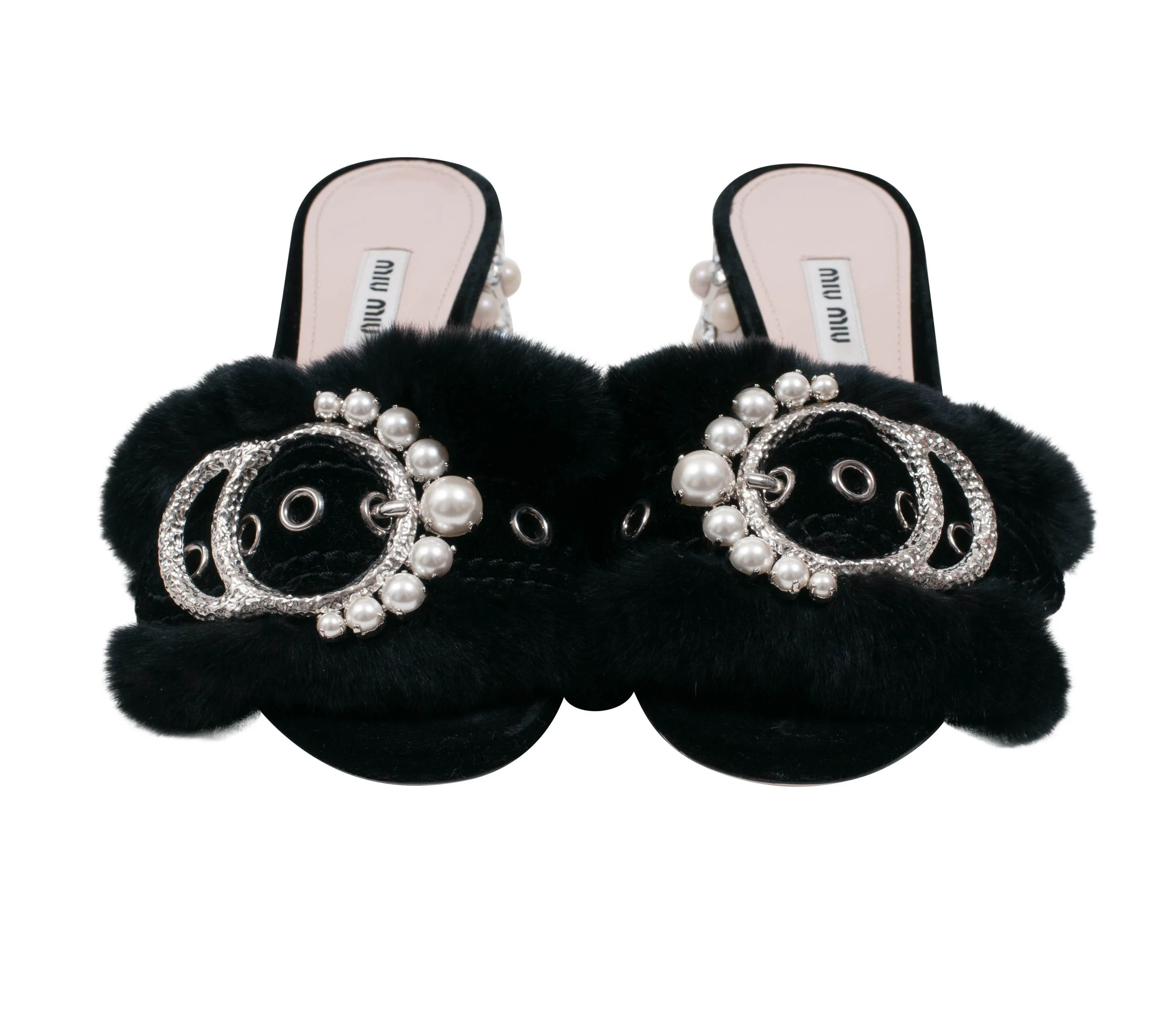 Crystal Embellished Satin And Rabbit Fur Slide Mules