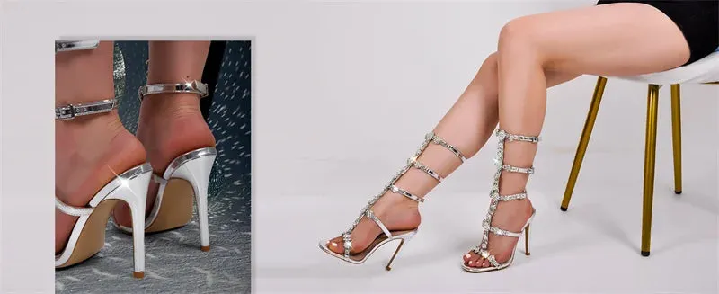 Crystal Lace-Up Stiletto Cross Strap Thin High Heel Sandals