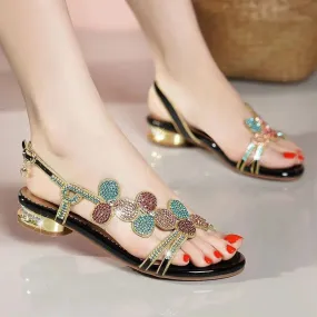 Delicate Rhinestone Low Heel Sandals for Women