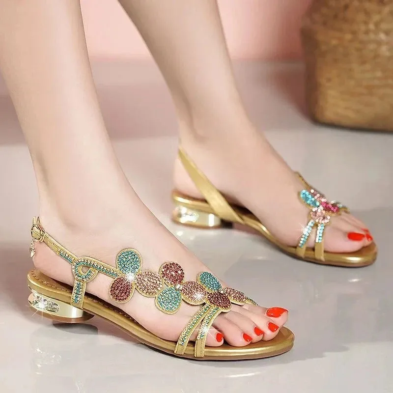 Delicate Rhinestone Low Heel Sandals for Women