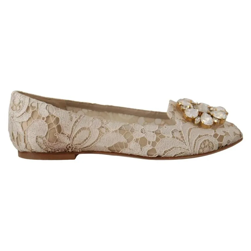 Dolce & Gabbana Beige Lace Crystal Ballet Flats Loafers Shoes