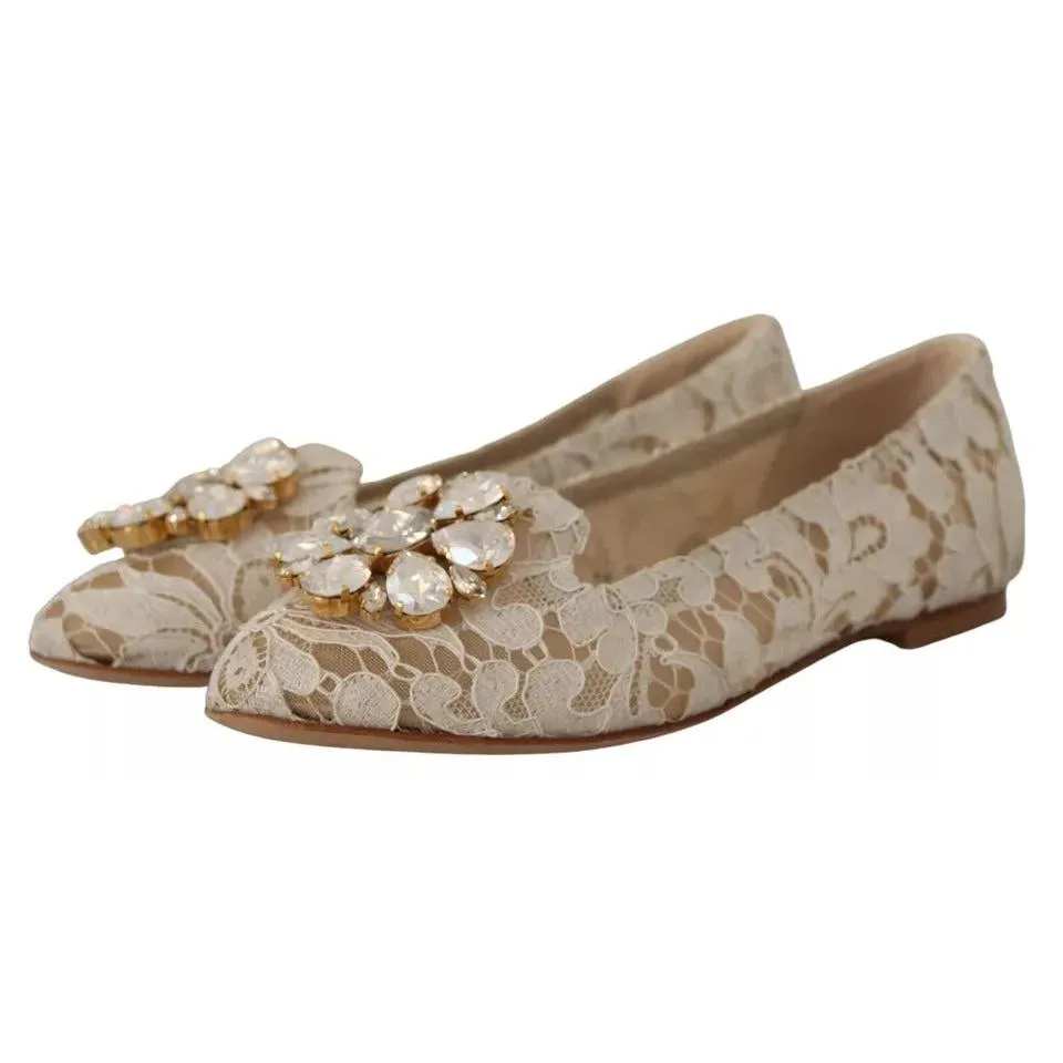 Dolce & Gabbana Beige Lace Crystal Ballet Flats Loafers Shoes