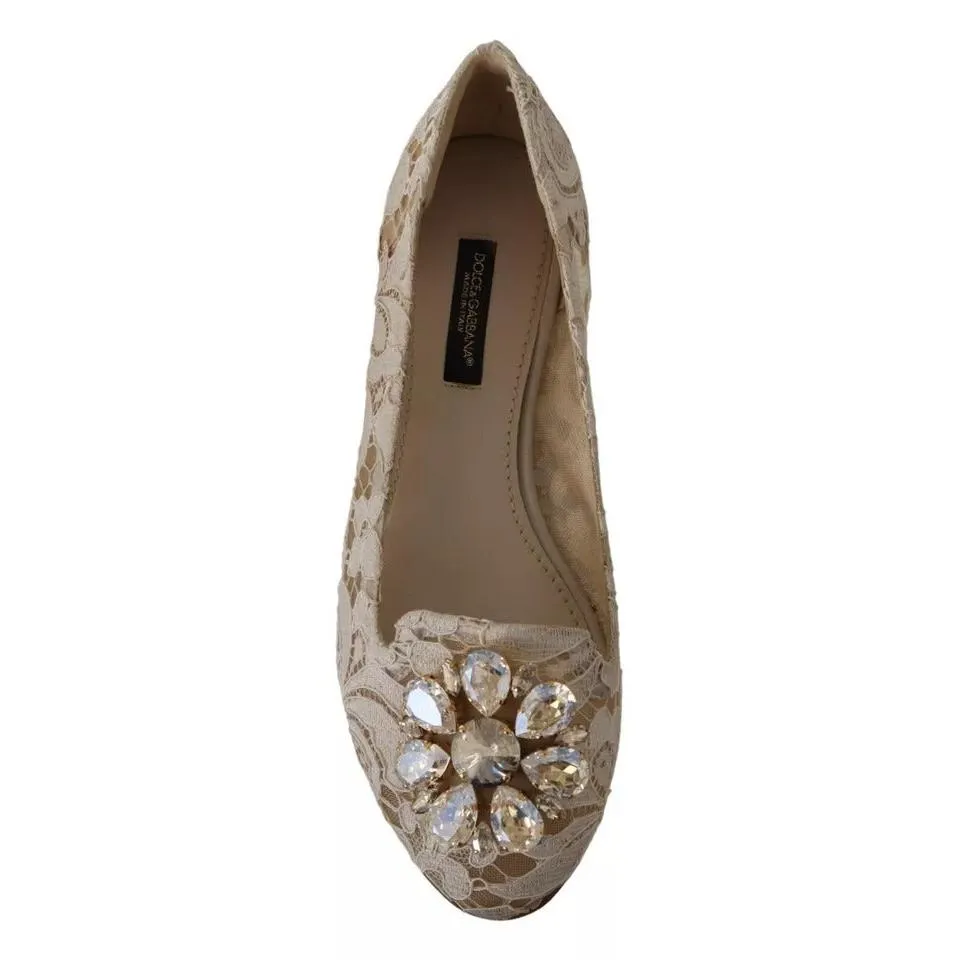 Dolce & Gabbana Beige Lace Crystal Ballet Flats Loafers Shoes