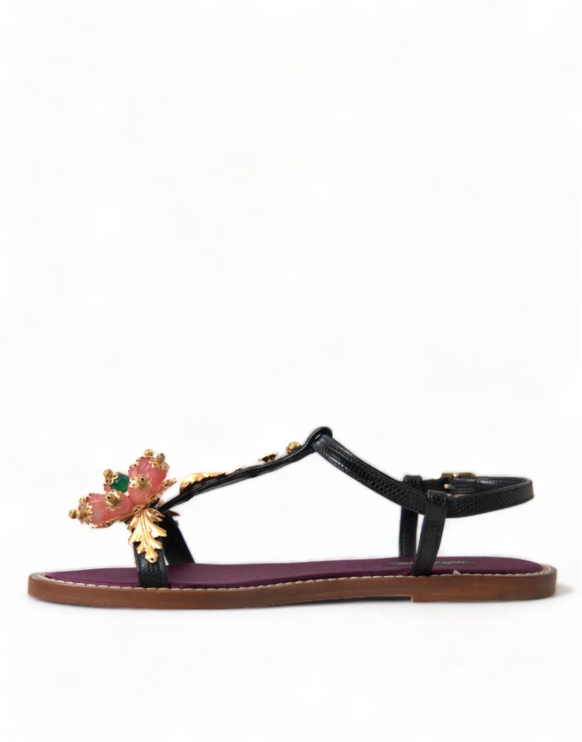 Dolce & Gabbana Black Crystal Gold Sandals Leather Shoes