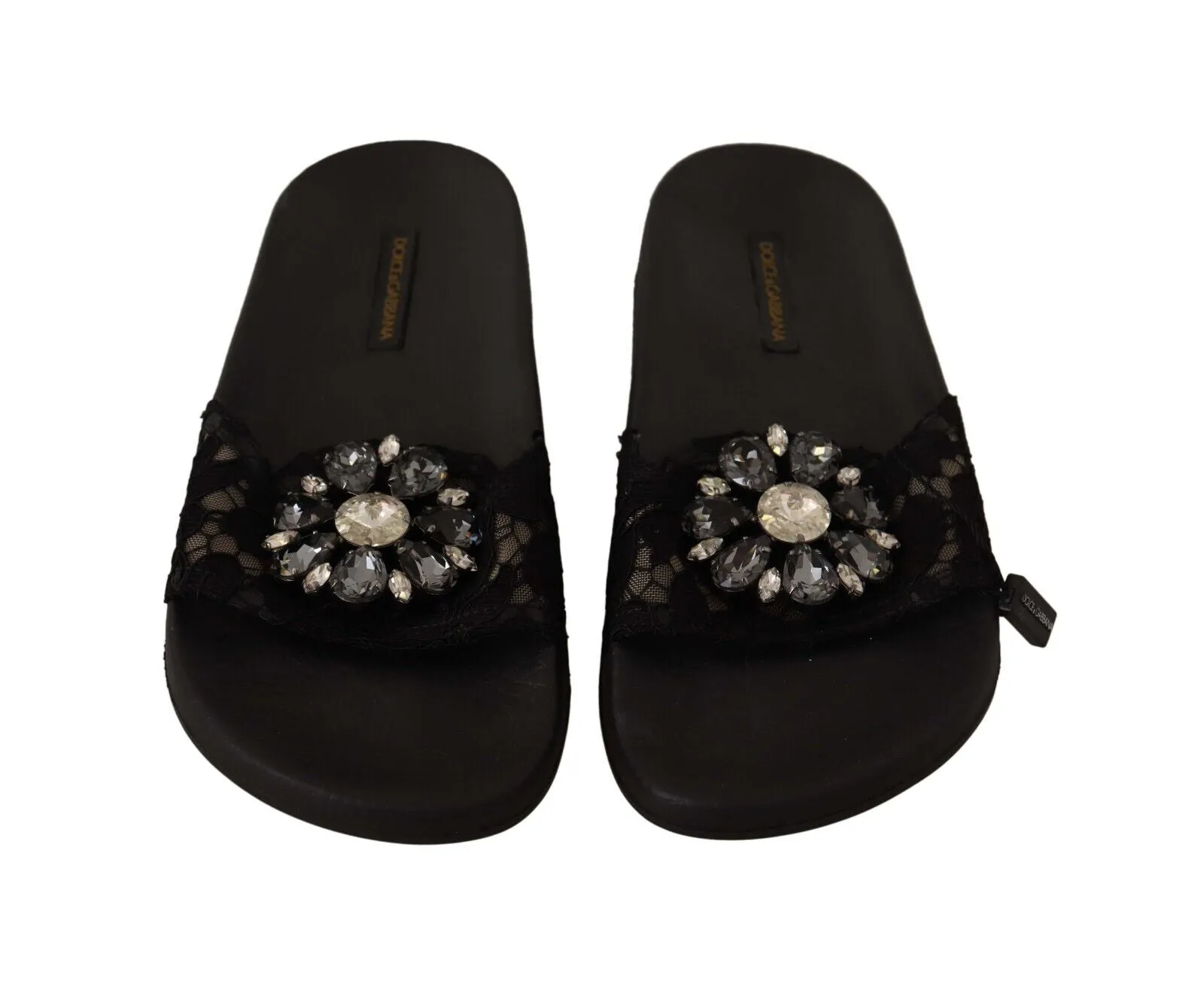 Dolce & Gabbana Black Lace Crystal Sandals Slides Beach Shoes