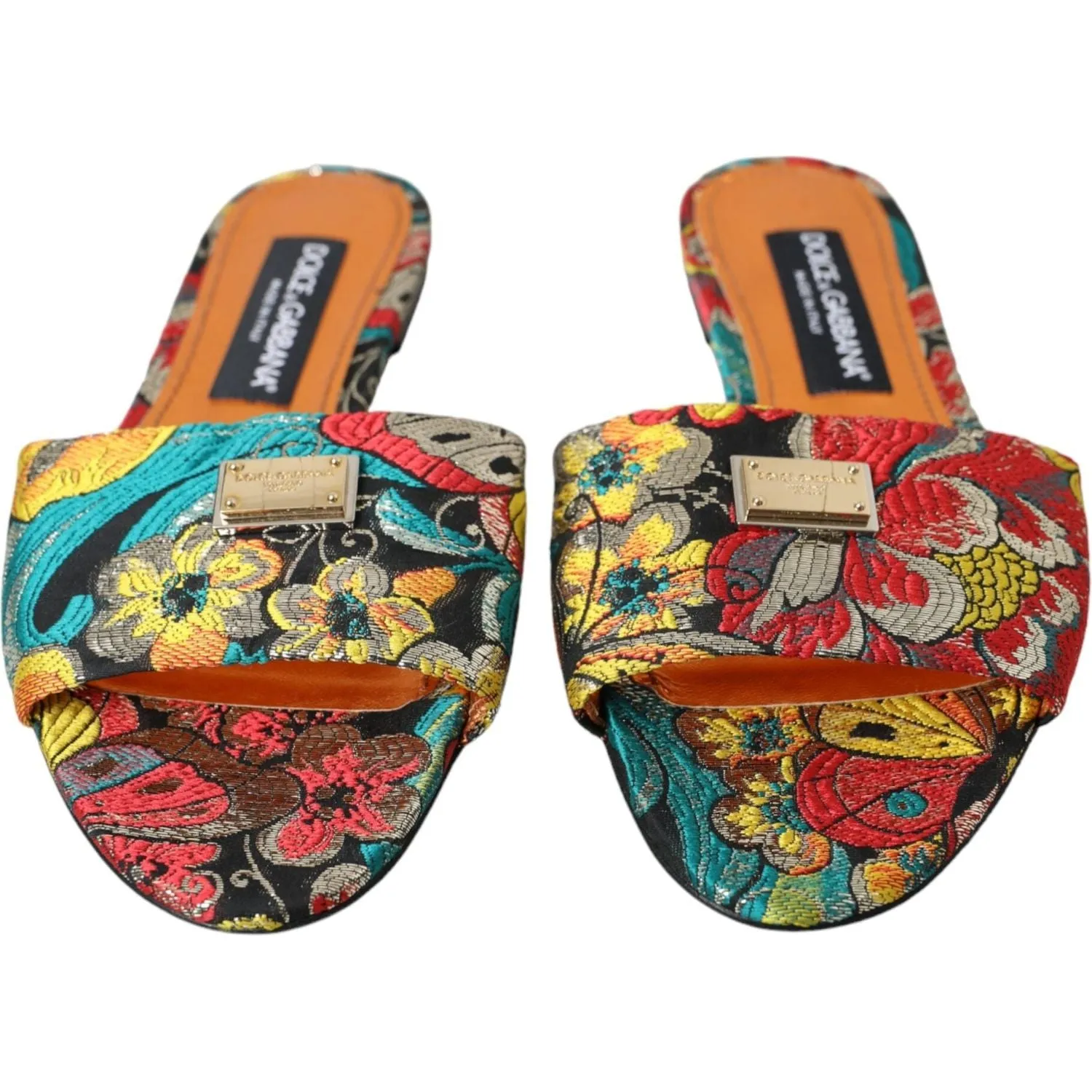 Dolce & Gabbana Multicolor Floral Brocade Logo Flats Sandals Shoes