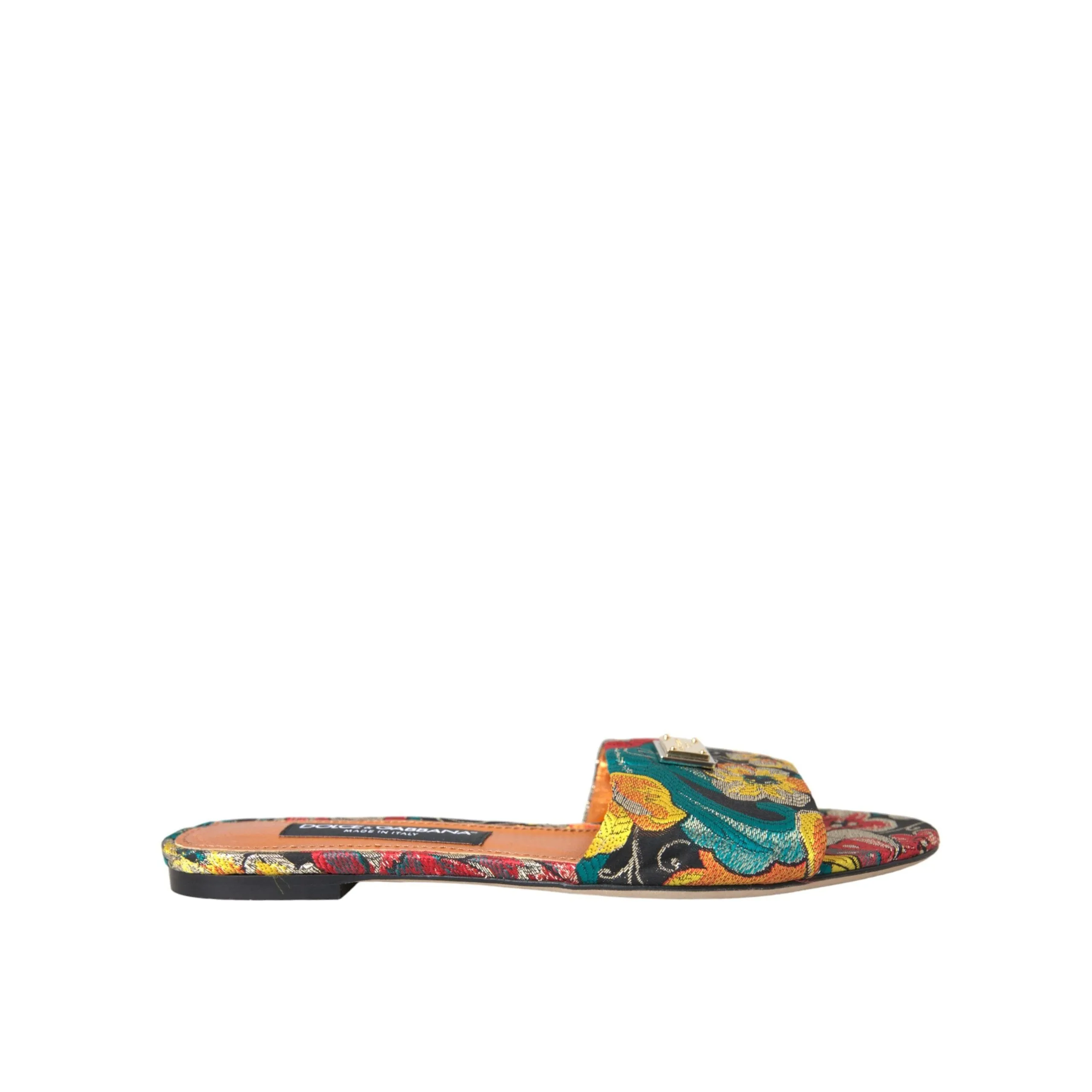 Dolce & Gabbana Multicolor Floral Brocade Logo Flats Sandals Shoes