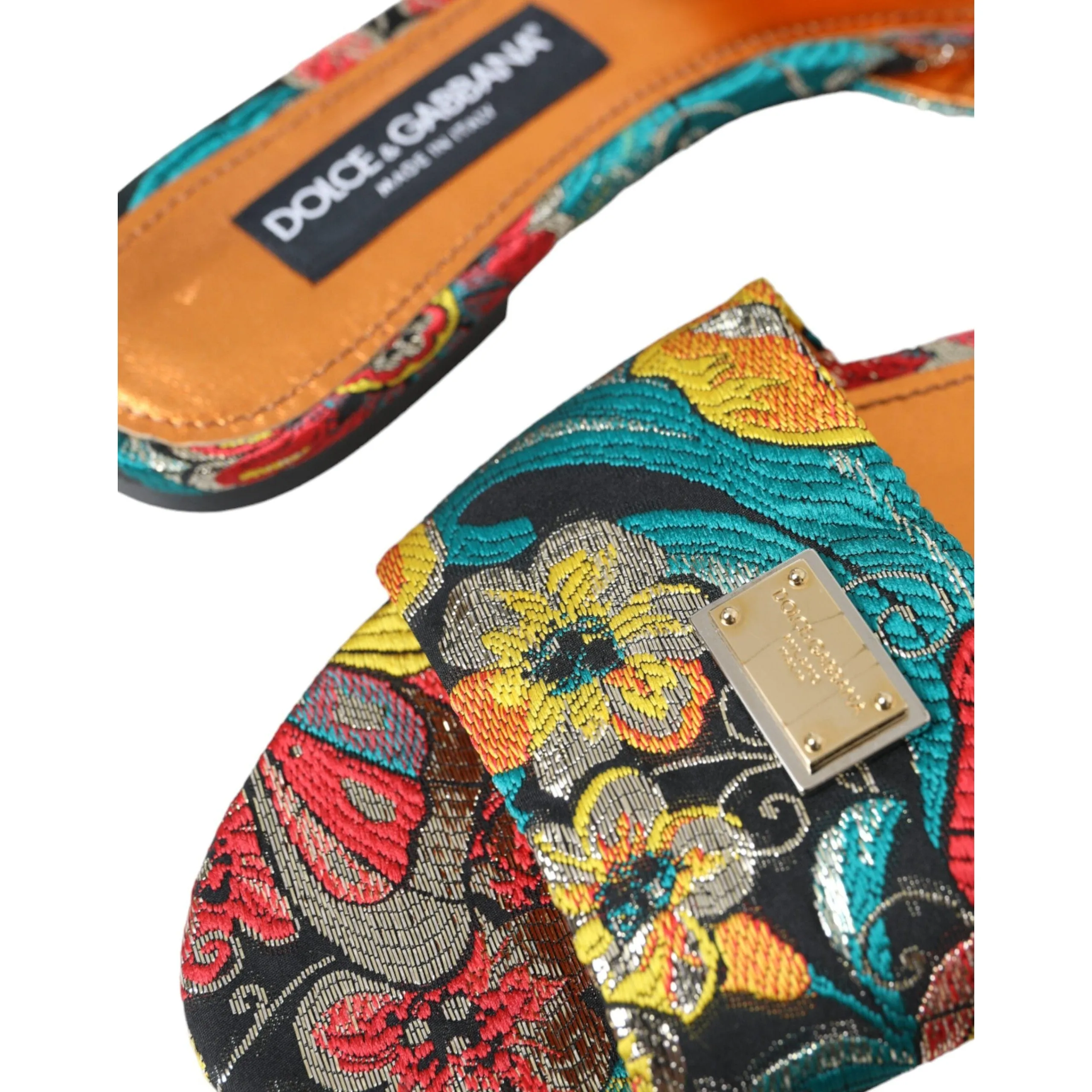 Dolce & Gabbana Multicolor Floral Brocade Logo Flats Sandals Shoes