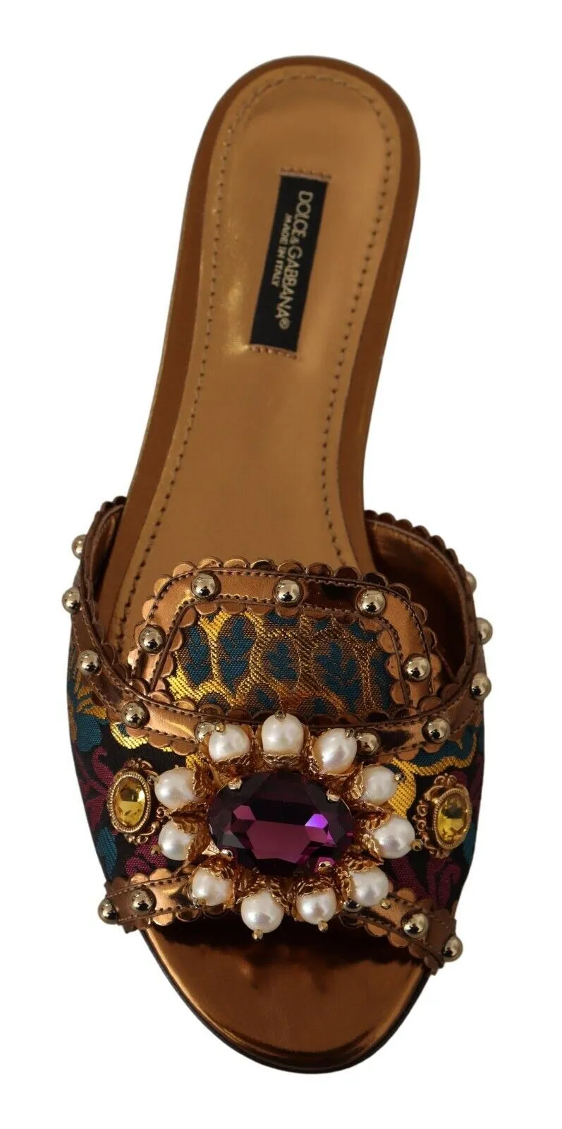 Dolce & Gabbana Multicolor Floral Embellished Slides Flats Shoes