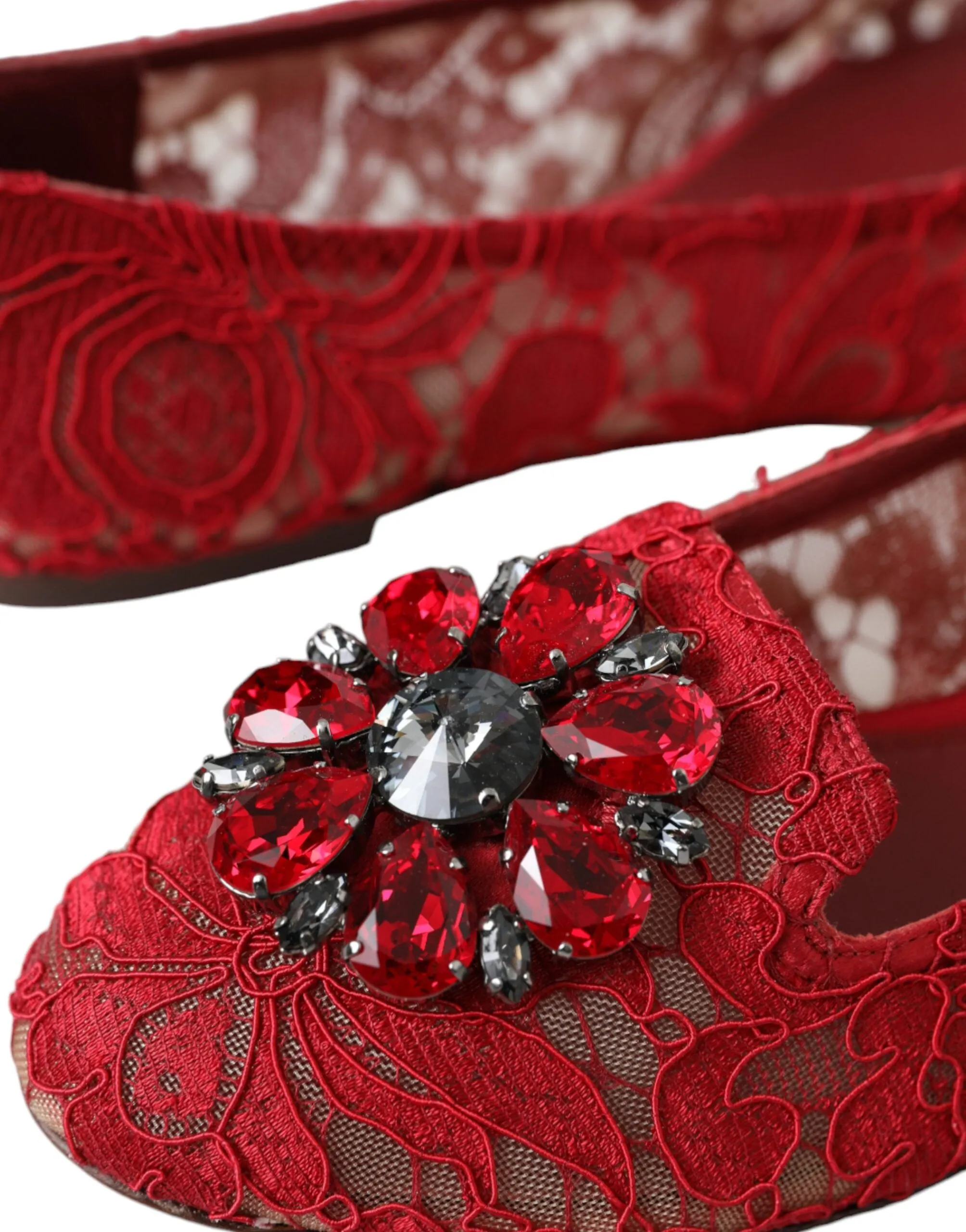 Dolce & Gabbana Red Lace Crystal Ballet Loafers Shoes