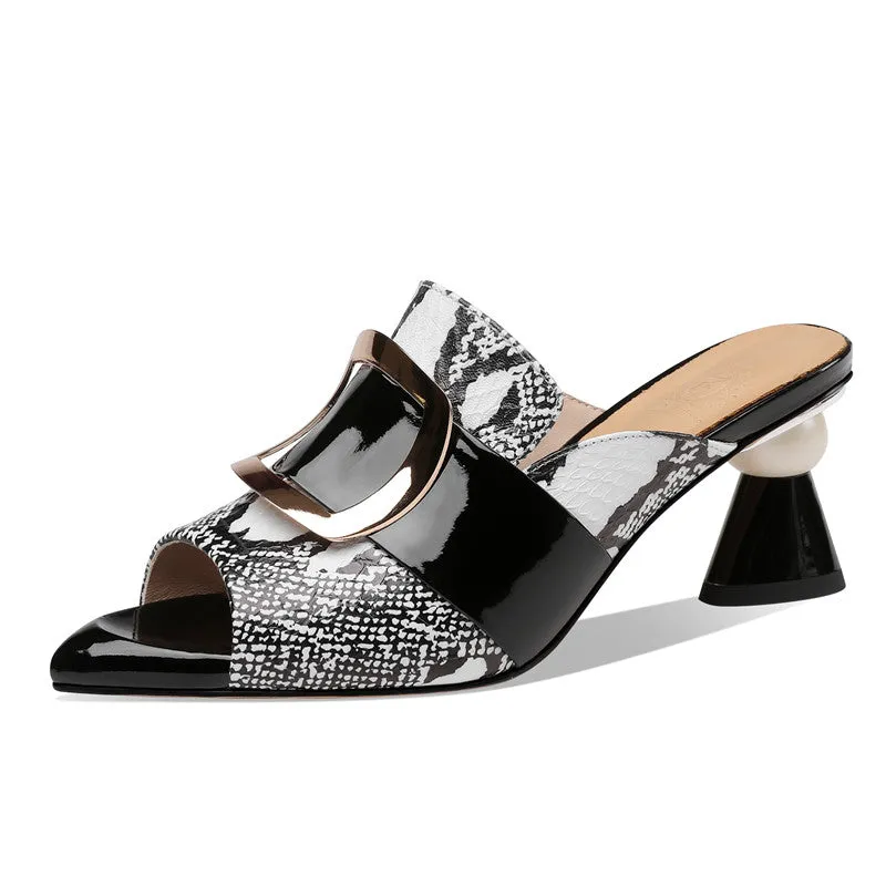 Dominique Print Leather Open Toe Novelty Heel Mules