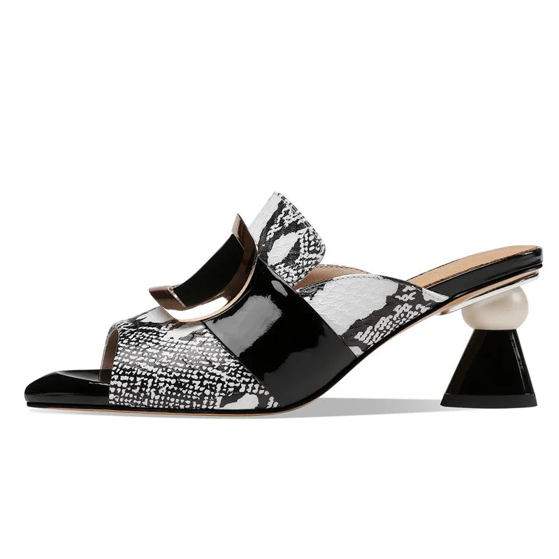 Dominique Print Leather Open Toe Novelty Heel Mules