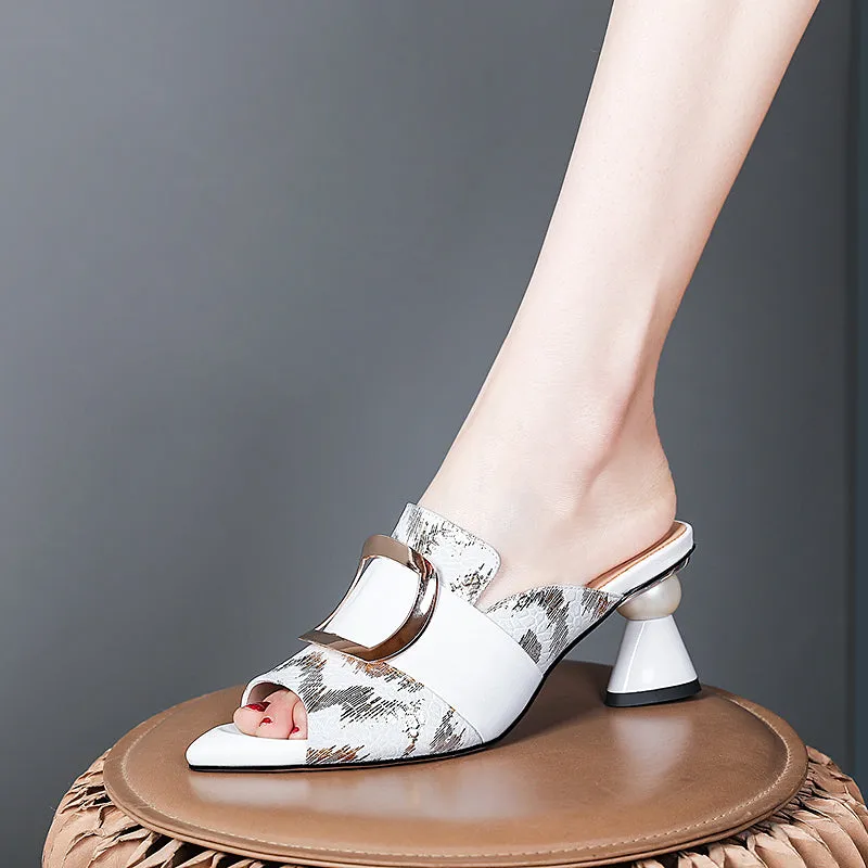 Dominique Print Leather Open Toe Novelty Heel Mules