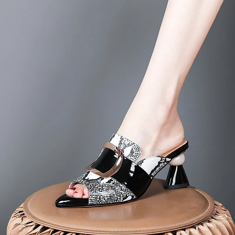 Dominique Print Leather Open Toe Novelty Heel Mules