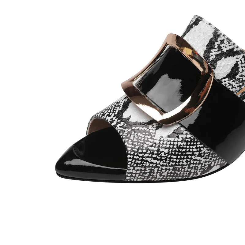 Dominique Print Leather Open Toe Novelty Heel Mules