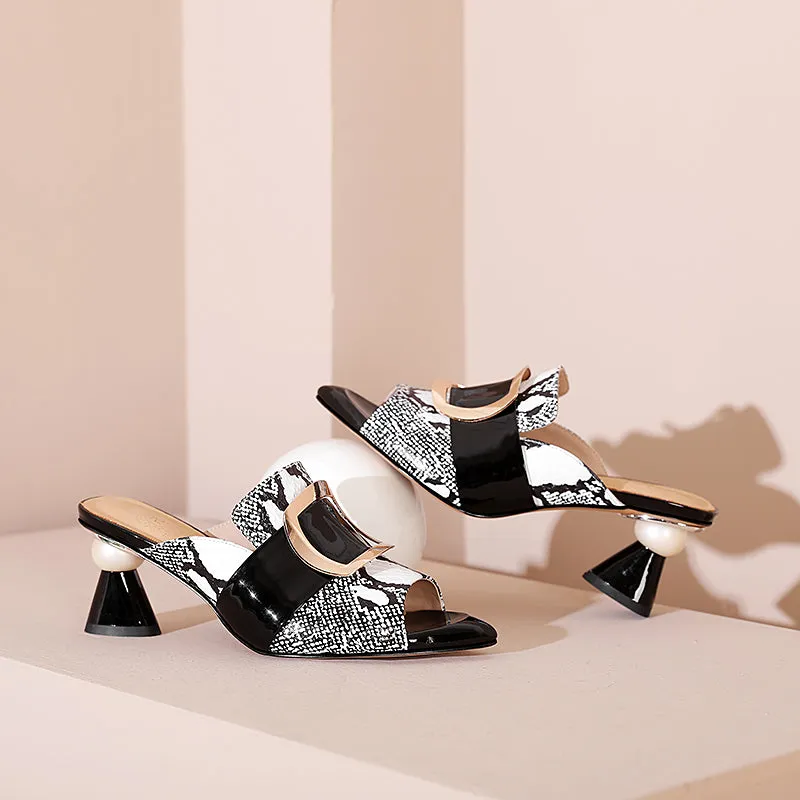 Dominique Print Leather Open Toe Novelty Heel Mules