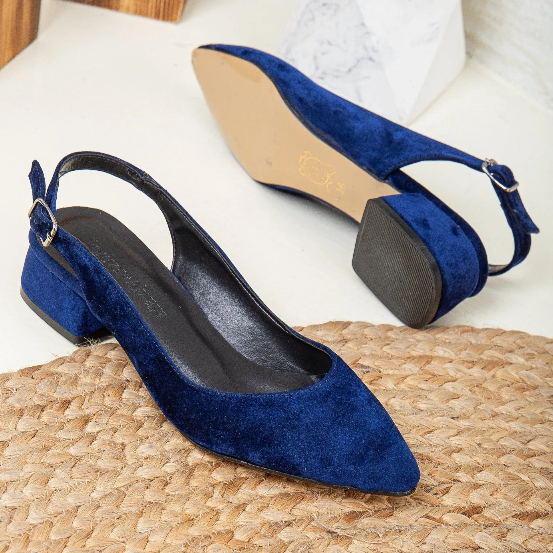 Emma - Dark Blue Velvet Slingback Shoes