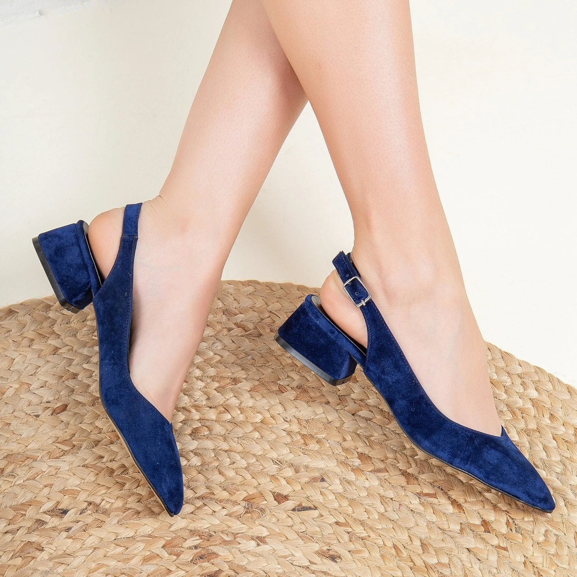 Emma - Dark Blue Velvet Slingback Shoes