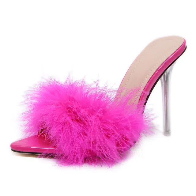 Feather peep toe transparent high heel slippers