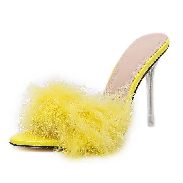 Feather peep toe transparent high heel slippers