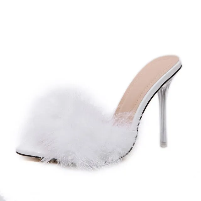 Feather peep toe transparent high heel slippers