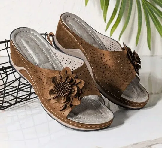 Floral Cutout Upper Vintage Bohemian Wedge Slippers