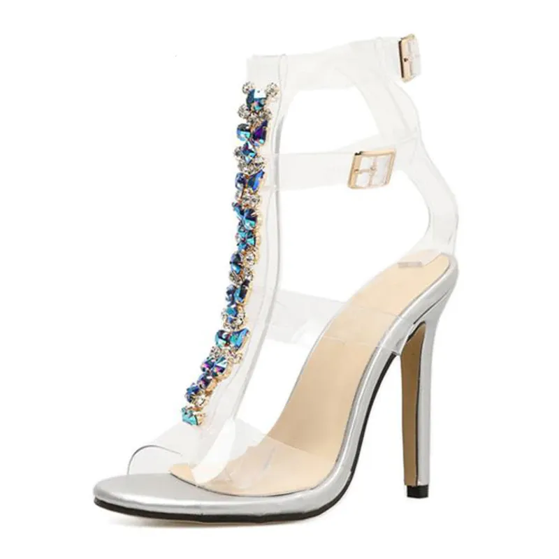 Gladiator Transparent Crystal Strap Heeled Sandal