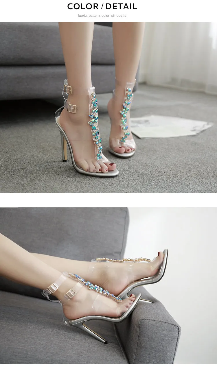 Gladiator Transparent Crystal Strap Heeled Sandal