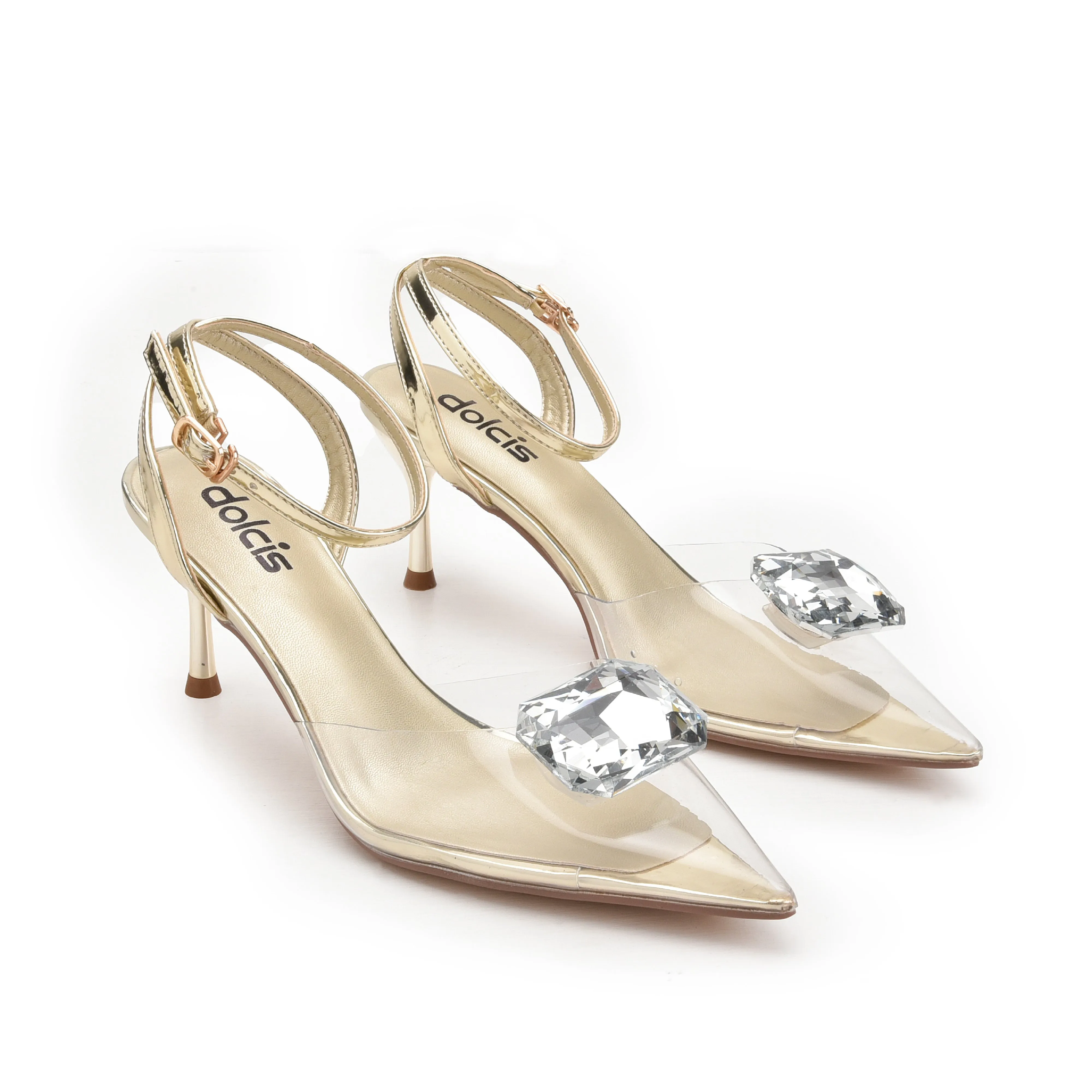 Glamorous Gold Transparent Kitten Heel Sandals | 426N-X