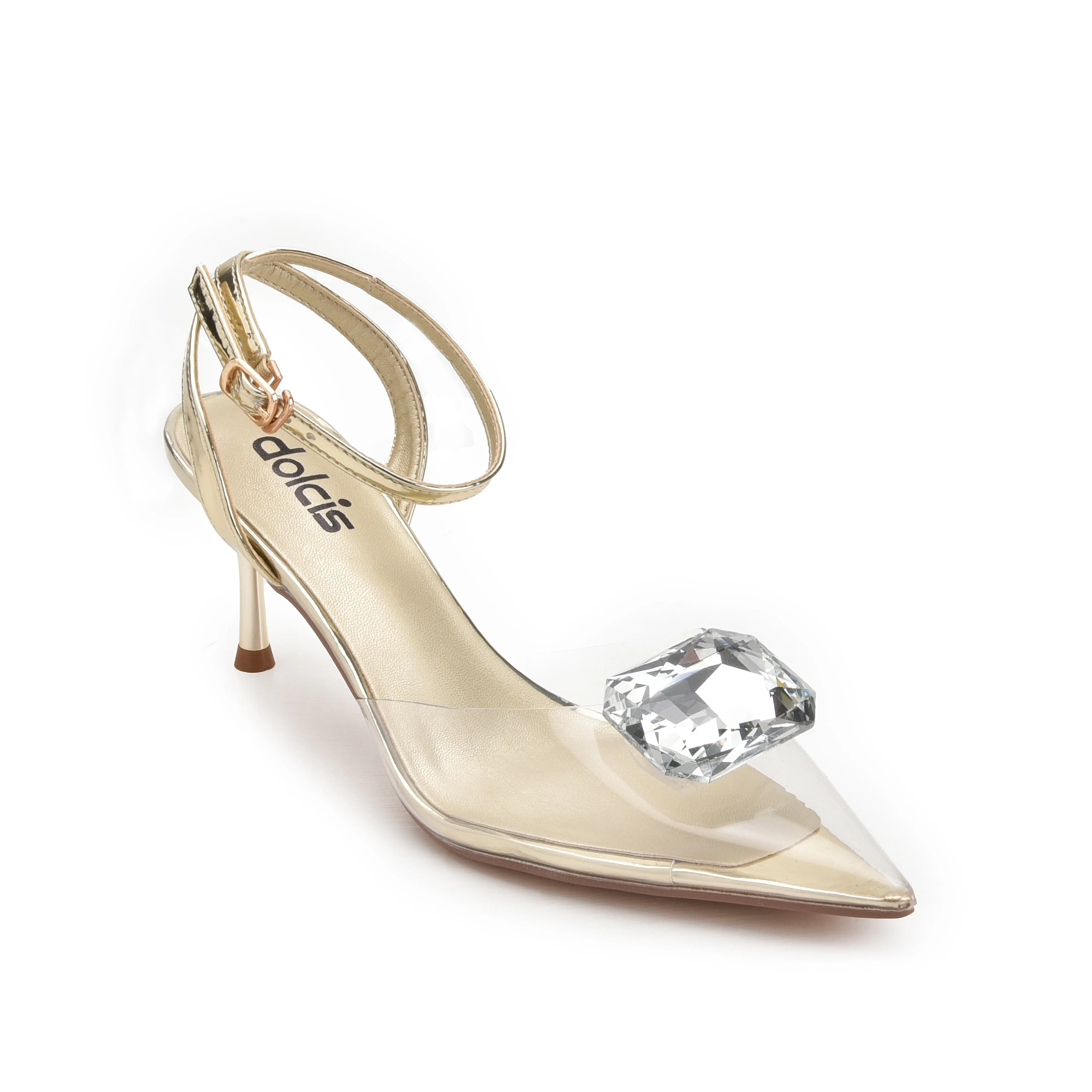 Glamorous Gold Transparent Kitten Heel Sandals | 426N-X